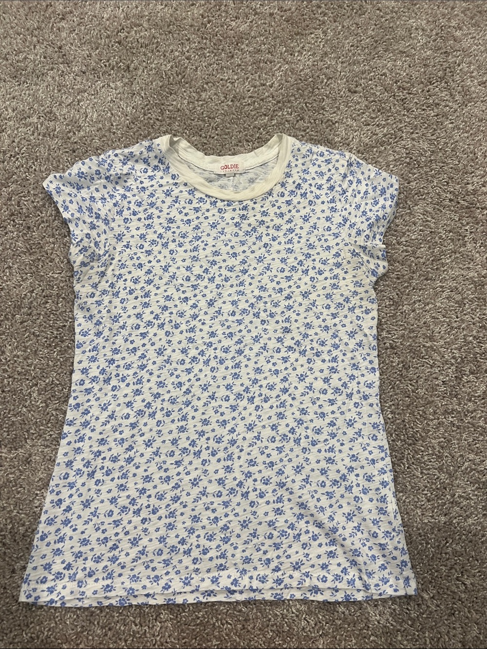 Goldie Cream Tee with Blue Micro Floral Pattern